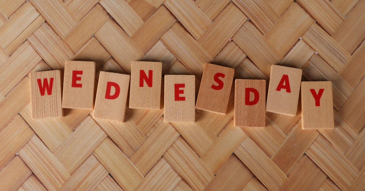 Wooden tiles display 'Wednesday' on a woven texture background, ideal for weekday themes.